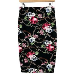 NWT Revamped High Waist Floral Chain Print Black Midi Pencil Skirt Size Medium